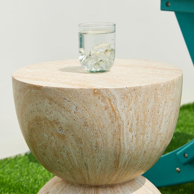 Glitzhome Outdoor Side Table Set of 2, 17.75" H Decorative Garden Stool MGO Hourglass Faux Terrazzo End Table, Round Planter Stand for Indoor Outdoor Living Room Bedroom Patio Deck Poolside