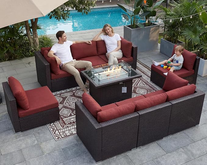 NICESOUL Modern 9 Pcs Patio Sectional Sofa Set with Fire Pit Natural Gas/Propane, Extra Large Outdoor Furniture Sets, 29.3'' High Back Deep Seats Conversations 8 Seater, Brown Rattan and Red Cushion
