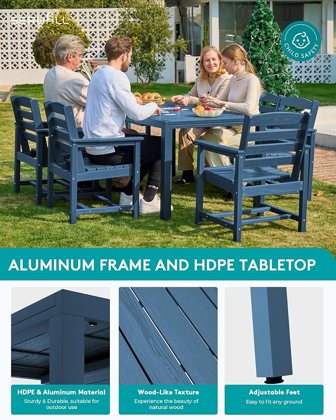 SERWALL 10-Piece Patio Dining Sets with 15FT Patio Umbrella, Blue | 60" - 83" Expandable Outdoor Dining Table and 8 HDPE Chairs, All Weather HDPE Outdoor Furniture Set