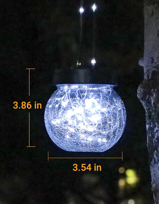 Solar Lights Outdoor Waterproof 12-Pack, Solar Powered Hanging Lantern Cracked Glass Hanging Globes for Yard Decor Christmas Decoration, Shepherd Hook, Garden Tree Ornaments, Cold White