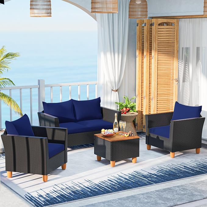 ORALNER 4 Pieces Patio Furniture Set, Outdoor Wicker Conversation Chairs, Loveseat w/Cushion, Acacia Lift-Top Coffee Table, Rattan Set for Balcony Garden Backyard Front Porch Poolside Deck (Navy)