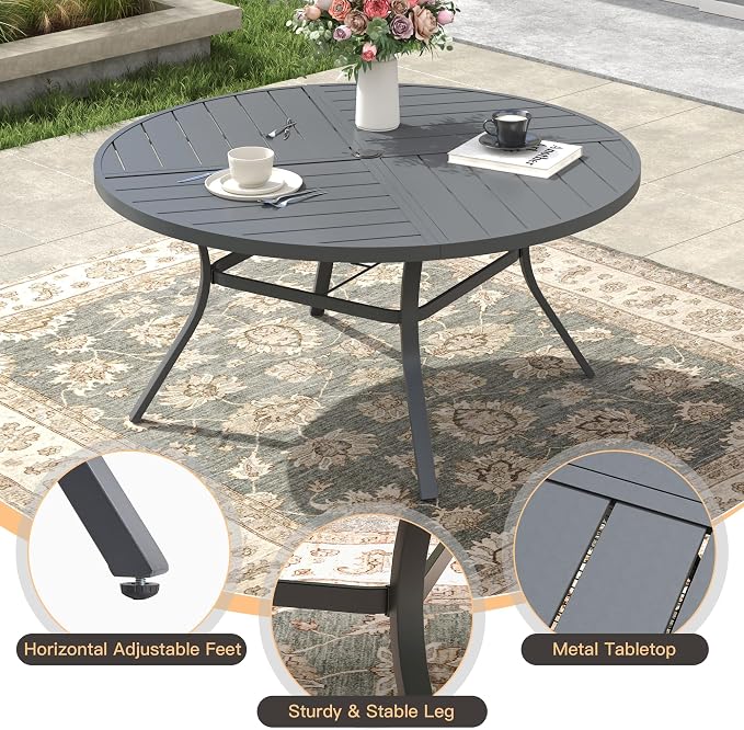 50" Outdoor Dining Table with Adjustable Umbrella Hole, Metal Slatted Round Patio Dining Table for Backyard Garden Deck, Dark Grey