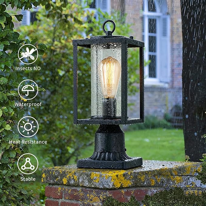 mirrea 14" Outdoor Post Light, Rectangular Pole Lamp for Outside, Lamp Post Light Fixture, Hardwired Outdoor Lighting for Yard, Deck, Cylinder Glass Shade, Matte Black, Pack of 1