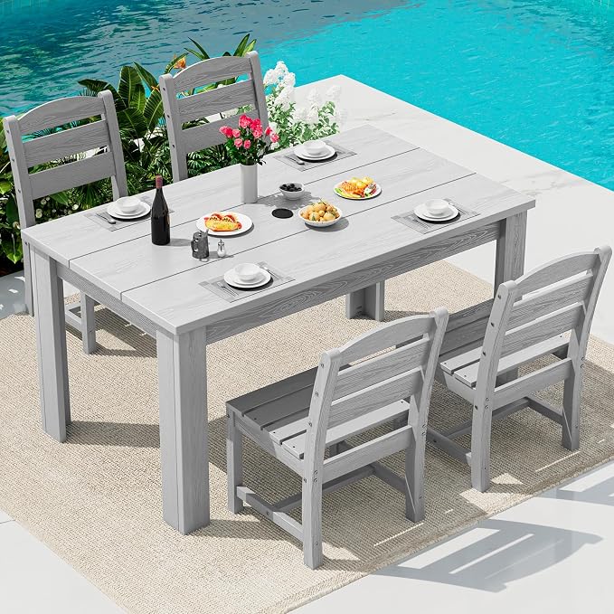 SERWALL 59" Armless Outdoor Dining Set for 4, Light Gray | Include 1 Rectangular Dining Table and 4 Armless Chairs, All Weather Dining Sets for Garden, Backyard