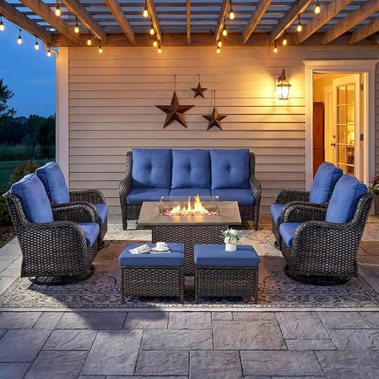 8 Piece Patio Furniture Set with 41" Fire Pit Table - Patio Conversation Set with 4 Inch Thick Cushions and Deep Seating Swivel Glider Chairs Set of 4 & Outdoor Couch for Porch Deck Yard Pool