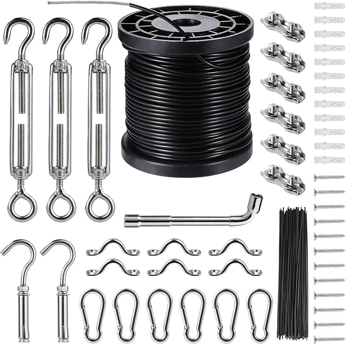 Outdoor String Light Hanging Kit Includ 164 FT Nylon Rope Cable | 304 Stainless Steel Turnbuckle & Hooks,Globe Light Suspension Kits,Patio Lights Guide Wire,Enough Accessories,Use Manual