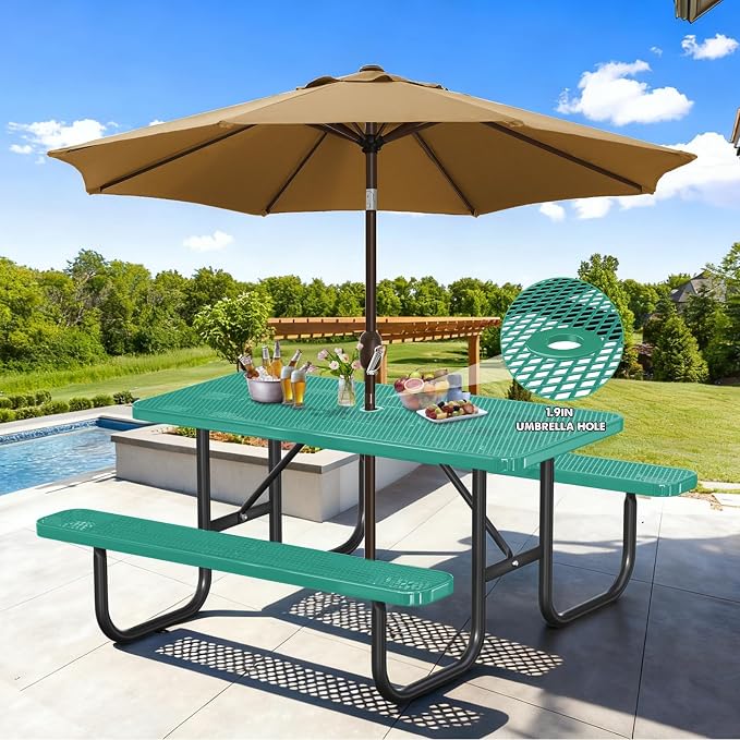 6FT/72IN Heavy Duty Outdoor Picnic Table and 2 Benches for 4-8 People, Weather Resistant Rectangular Steel Picnic Table Set with Umbrella Hole for Yard Patio Lawn Party Green