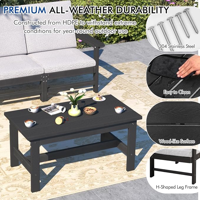 3-Piece HDPE Patio Furniture Set, All-Weather Outdoor Sectional Sofa Set with Coffee Table & Cushions - Wood-Like Composite Conversation Couch for Deck, Lawn, Balcony - Black Frame