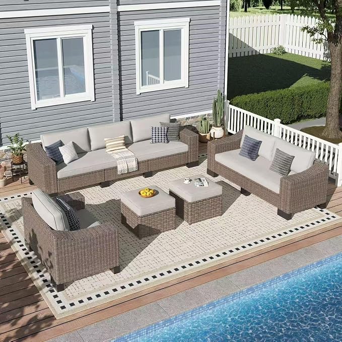 8 Piece Patio Furniture Set, Wicker Patio Conversation Set with 5.9" Wide Armrest, Waterproof Cushions & Ottomans with Modular Outdoor Couch for Backyard, Deck, Garden