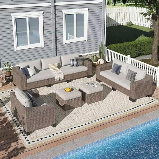 8 Piece Patio Furniture Set, Wicker Patio Conversation Set with 5.9" Wide Armrest, Waterproof Cushions & Ottomans with Modular Outdoor Couch for Backyard, Deck, Garden
