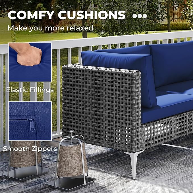 Tangkula 7 Piece Outdoor Furniture Set, Patiojoy Patio Wicker Sectional Cushioned Sofa Set with Coffee Table, for Backyard, Poolside, Porch and Lawn (Navy Blue)