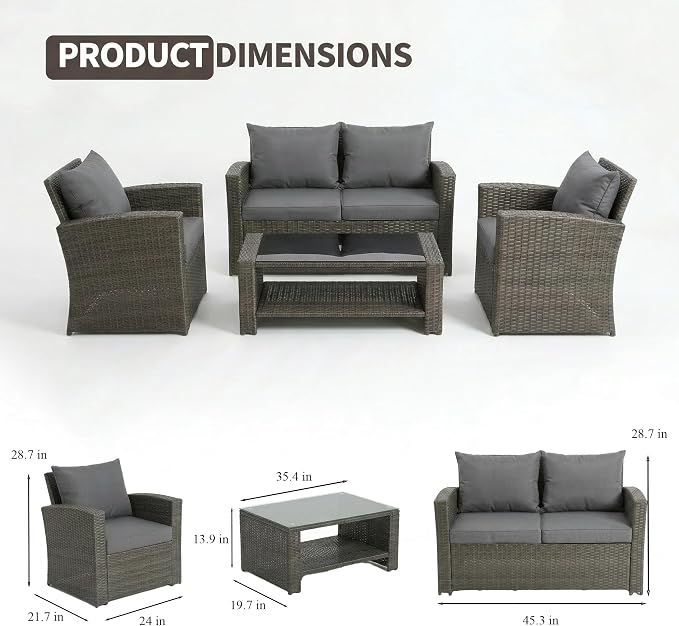 4 Pieces Outdoor Patio Furniture Set, PE Wicker Patio Conversation Set with Cushions and Tea Table, All-Weather Outside Rattan Sectional Sofa for Backyard,Porch, Garden, Balcony, Grey