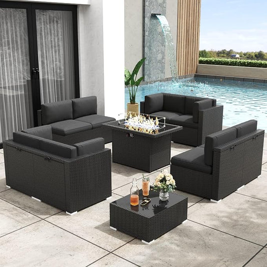 Patio Furniture Set with Fire Pit Table, 10 Pieces Outdoor All-Weather Wicker Conversation Sectional Chair Sofa Set