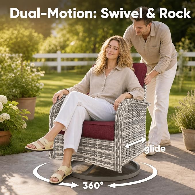 3-Piece Small Patio Furniture Set, Outdoor Swivel Rocking Chairs Set with Wicker Chairs and Tempered Glass Side Table, Outdoor Furniture Patio Bistro Set for Balcony, Deck, Porch