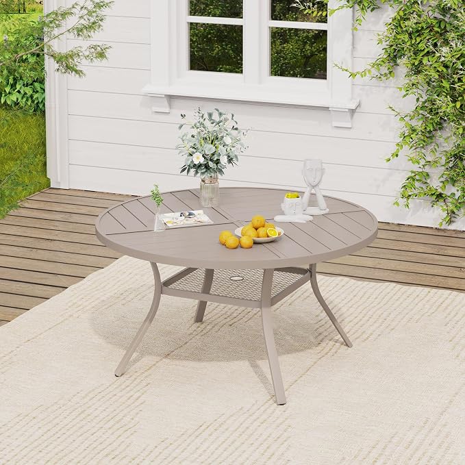 VICLLAX 47.2" Round Outdoor Table, Patio Dining Table for 6 with Umbrella Hole for Garden Lawn Deck Backyard, Sandshell