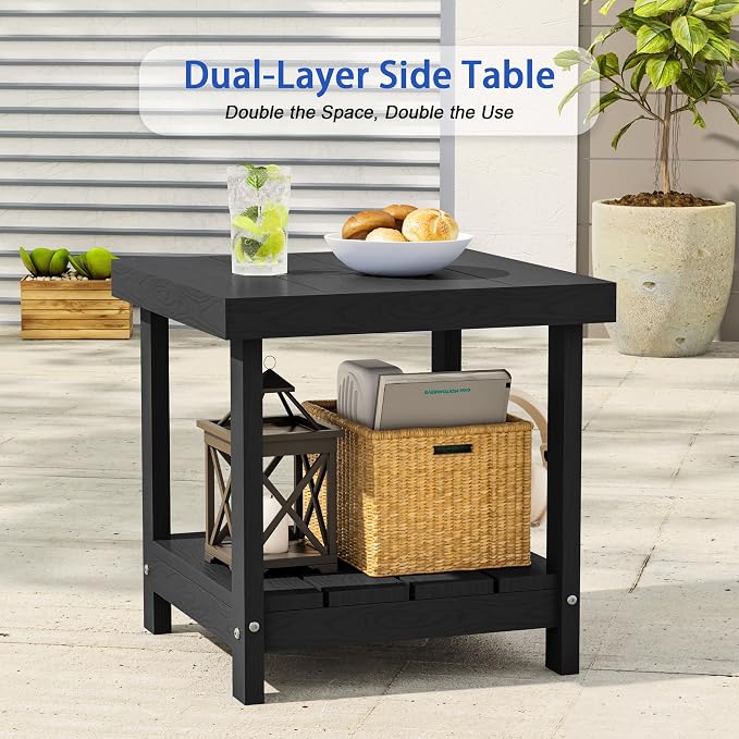 2-Tier HDPE Outdoor Square Side Table, Heavy-Duty Patio Side Table with Storage Shelf, Weather-Resistant Adirondack End Tables for Backyard, Pool, Porch, Garden, Lawn, Black