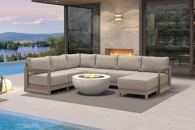 PURPLE LEAF Patio Furniture Set U-Shaped Outdoor Couch with 9.6" Thick Cushion and Soft Pillows 7 Piece Outdoor Sectional Sofas with Ottoman Modern Patio Conversation Sets for Yard Porch Deck, Khaki