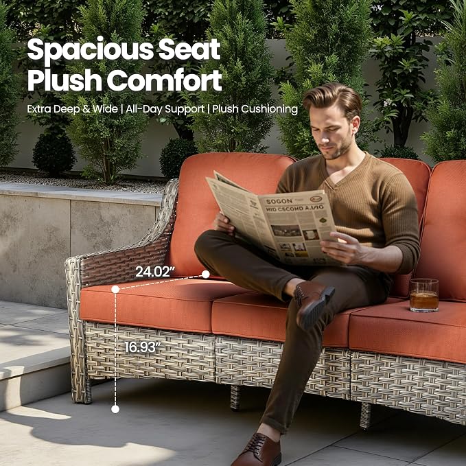 4 Piece Outdoor Patio Furniture Set, All Weather Waterproof Wicker High Back Conversation Set, Two Single Chairs, Solar Light Coffee Table, Outside Furniture for Porch Balcony, Orange