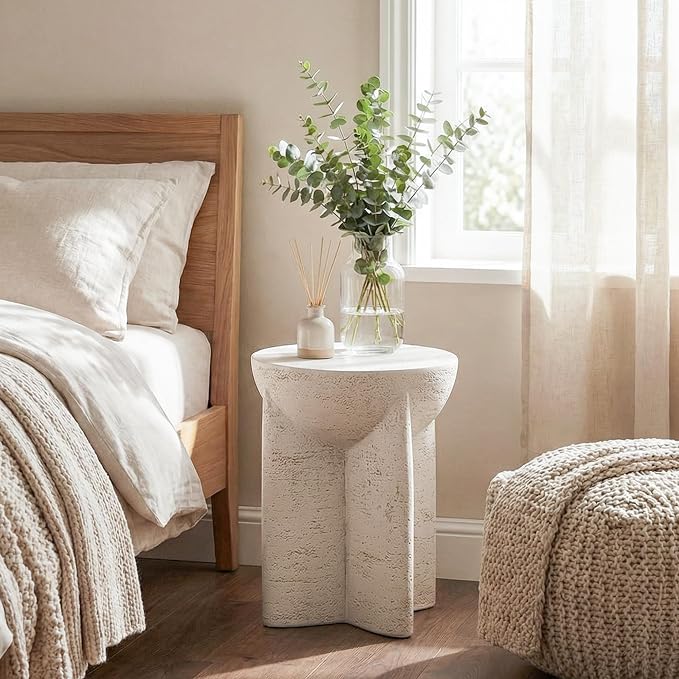 COSIEST Outdoor Side Table White, MgO Concrete Side Table, Lightweight Outdoor Accent Table with Faux Natural Slate Rock, Cylinder Patio Table Top Plant Stand for Garden and Deck