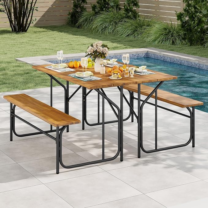 HAPPYGRILL Picnic Table Bench Set for 4, Acacia Wood Dining Table and Bench Set with Heavy Duty Metal Frame, for Patio, Porch, Garden and Backyard