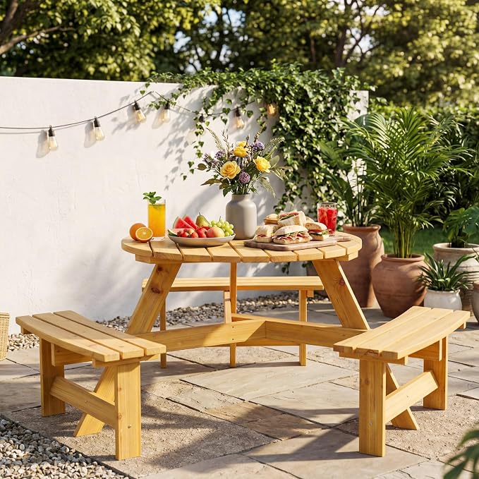 Garvee 6 Person Wooden Picnic Table, Outdoor Picnic Tables with 3 Built-in Benches, Circular Camping Dining Table and Chairs Set with Umbrella Hole for Garden, Patio, Backyard, Natural Wood