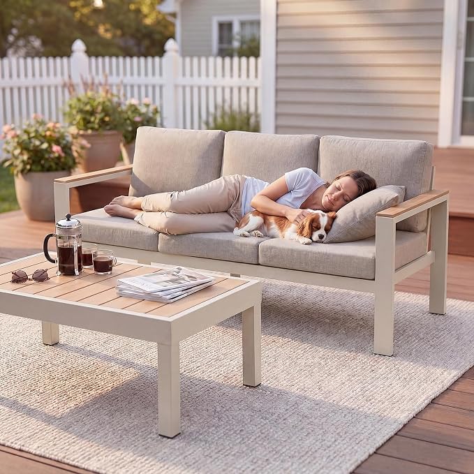 3-Seat Aluminum Outdoor Sofa, 1-Piece Powder-Coated Patio Sectional Sofa with 1.5mm Thick Frame, Anti-Hot Armrest & Waterproof Removable Cushions, Large Outdoor Couch for Backyard Courtyard Beige
