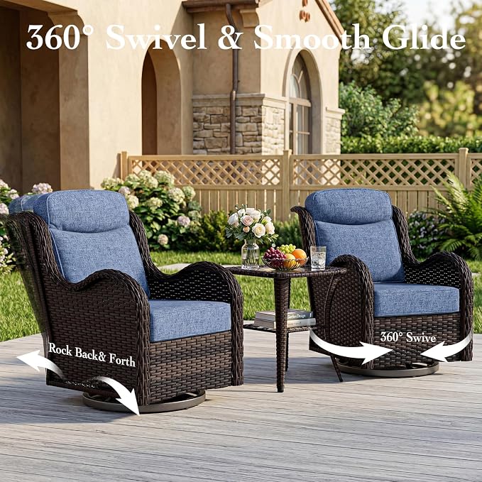 3 Pieces Outdoor Swivel Chairs Set of 2 with Rattan Side Table, Weather-Resistant Wicker High Back Swivel Rocker Chairs, Patio Conversation Set for Outside Porch Deck Garden,Blue