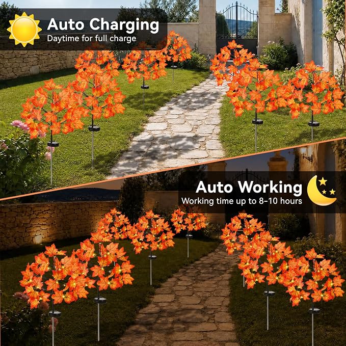 Fall Decorations Outdoor Solar Lights, 2Pcs Thanksgiving Lights 40LED 80 Maple Leaves Stake Light Waterproof 8 Lighting Modes for Autumn Patio Garden Yard Outside Halloween Thanksgiving Decorations