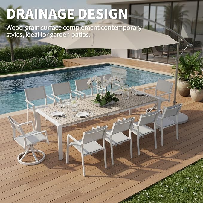 Outdoor Patio Furniture Set 11 Piece, Outdoor Dining Set with Extendable Patio Dining Table, 2 Aluminum Patio Swivel Chairs & 8 Patio Dining Chairs with Armrest for Garden Lawn Deck