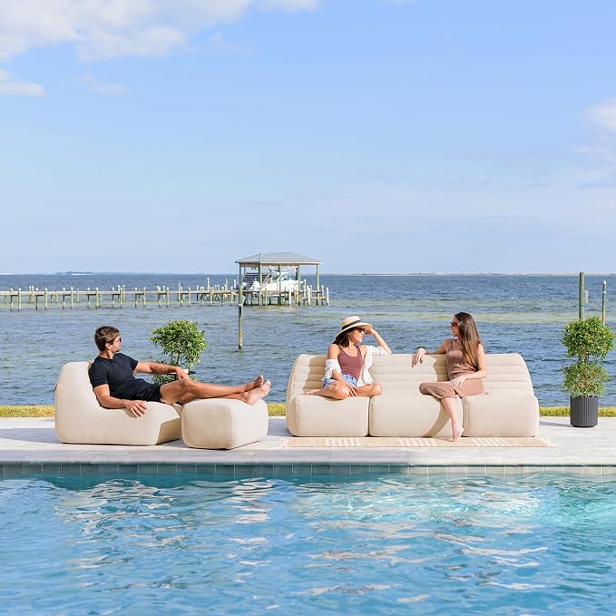 Big Joe Solvana Outdoor Sectional, 5 Piece Patio Furniture Set, Performance Linen Weather-Resistant Fabric Sofa, Sunlit Cream