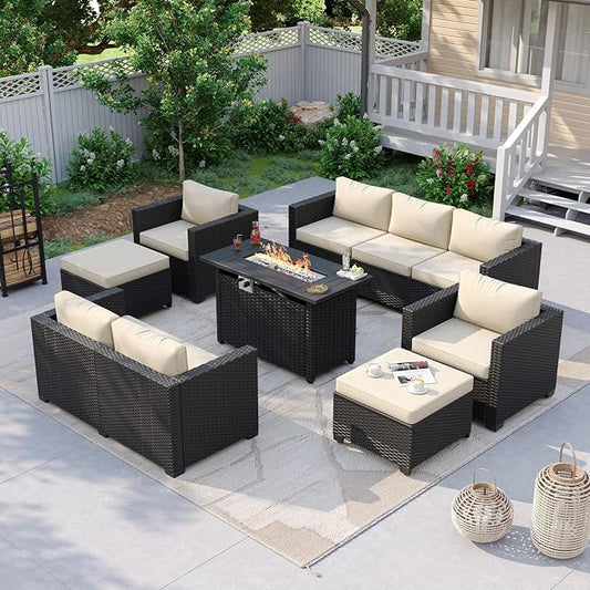 Aoxun 7 Piece Patio Furniture Set with Fire Pit Table, 9 Seats Outdoor Furniture Set with Wicker Ottomans, Rattan Outdoor Sectional Sofa with Thickened Cushion & Waterproof Cover Beige