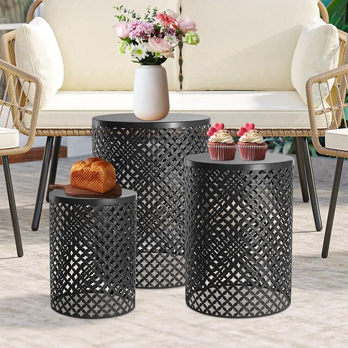 Outdoor Side Table Set of 3, Decorative Garden Stool for Indoor Outdoor Heavy Duty Metal Frame Accent Table Modern End Table for Gardens, Balconies, Bedrooms, Kitchens, Cafes, Black