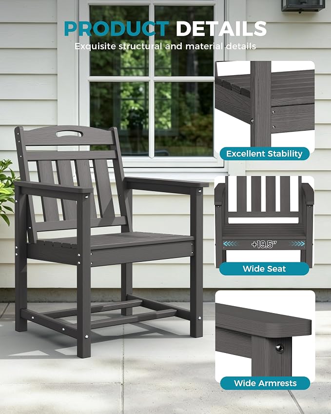 Ciokea HDPE Outdoor Patio Dining Chairs Set of 2, All-Weather Porch Chair with Wide Seat, Durable Outdoor Furniture for Backyard, Garden, Lawn & Poolside, Grey