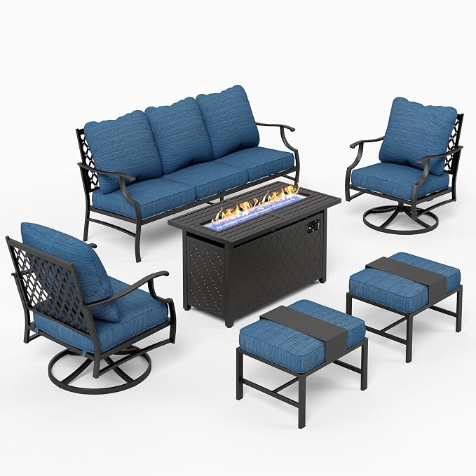 MIXPATIO Patio Furniture Set, 6 Pcs Metal Outdoor Conversation Set, 2 Swivel Chairs, 2 Ottomans and 3 Seater Sofa with 5.75" Extra Thick Cushion and Gas Fire Pit Table, Gemstone Blue