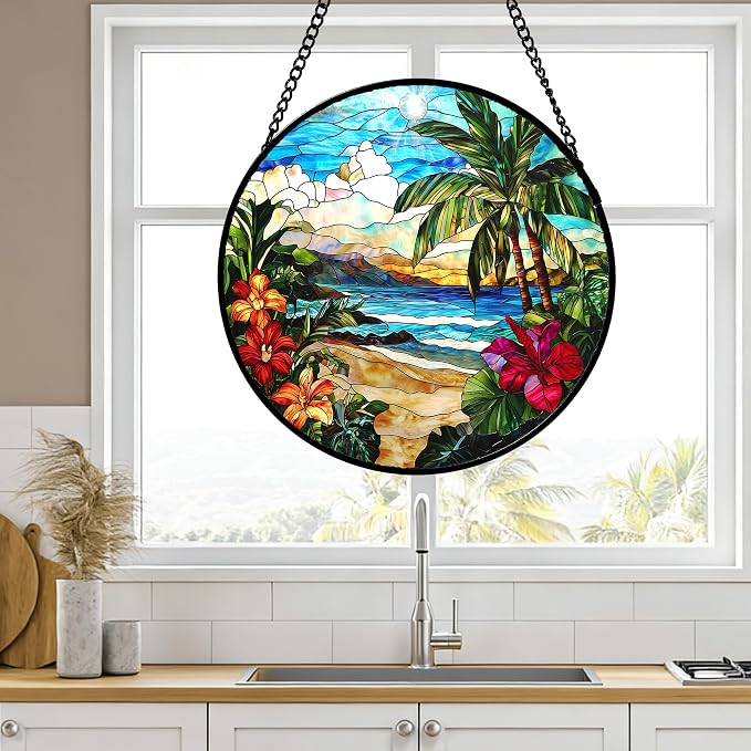 DASTOLL Stained Glass Window Hanging, Blue Beach Scenery Suncatcher Diamond Glass Panel Hangings Sun Catchers Decor for Birthday for Women, Men, Wife, Aunt, and Mom 14.9x14.9 in