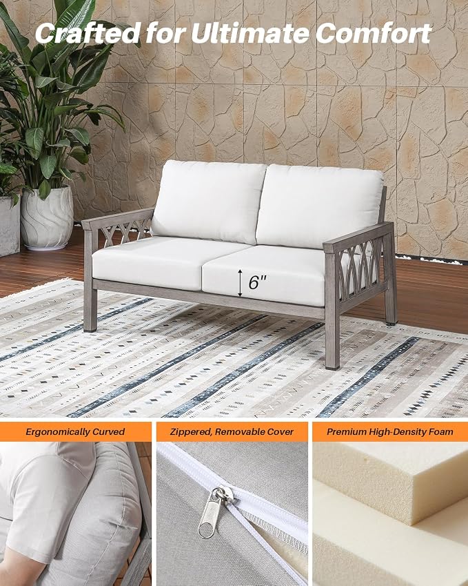 Outdoor Aluminum Loveseat Sofa, 2-Seat Patio Sofa with Thick Cushions, Outdoor Club Sofa Couch, Weather-Resistant Patio Loveseat Furniture for Porch, Garden, Balcony, Limed Oak