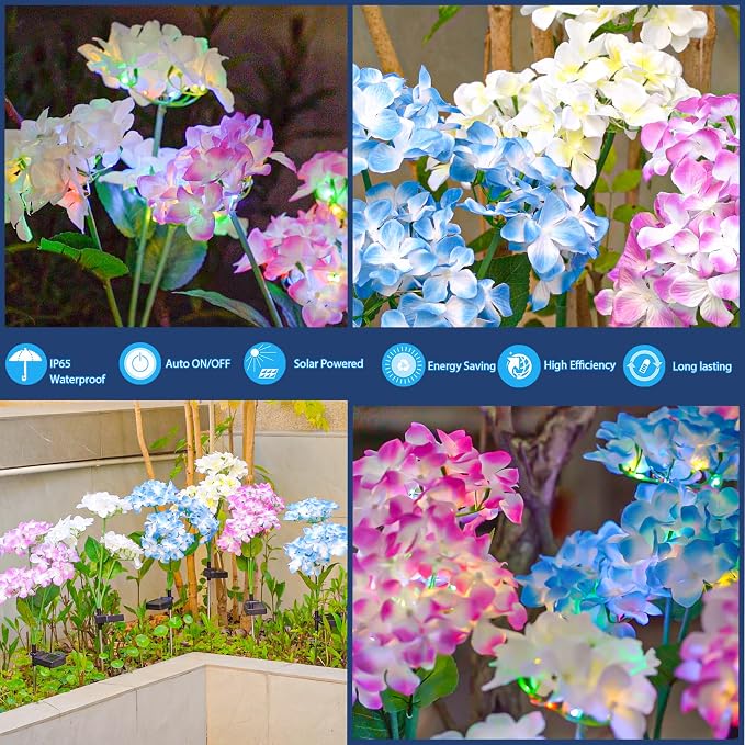 TONULAX Solar Garden Lights - 3 Pack Upgraded Version Outdoor Lights, Colorful Hydrangea Flower Light for Yard Decor, Garden Decoration, Two Lightning Modes & Enlarged Solar Panel
