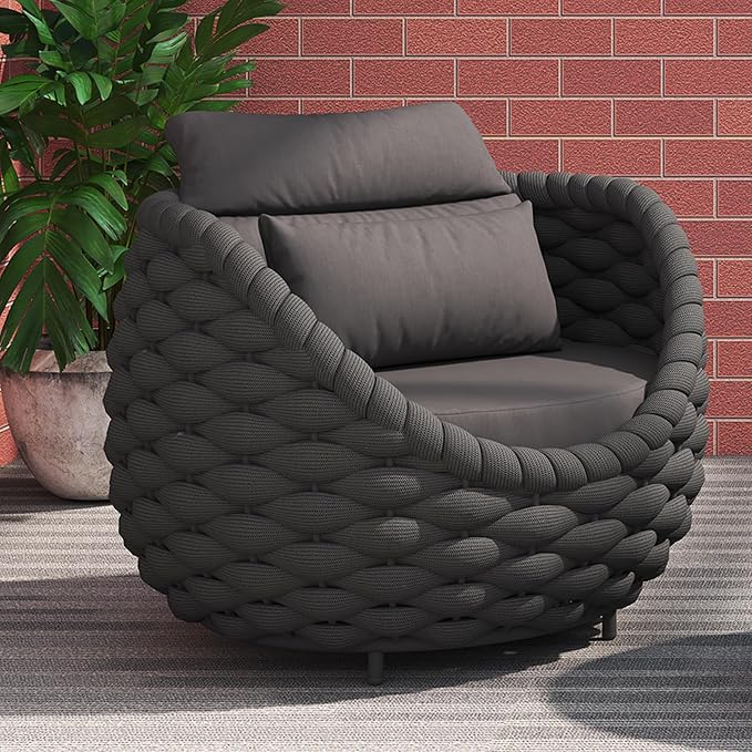 TWT 3 Piece Patio Furniture Set, Gray Woven Rope Conversation Set with Washable Cushions (Polyester Dark Grey Rope w/Dark Grey Cushion, 5pcs 4 Armchair+Table)