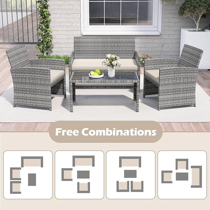 RELAX4LIFE 8-Piece Patio Furniture Set - Wicker Rattan Outdoor Sectional Sofa Set w/Glass Coffee Table, Loveseat, Chairs & Soft Cushions, Bistro Conversation for Garden Porch (2, Grey-Off White)