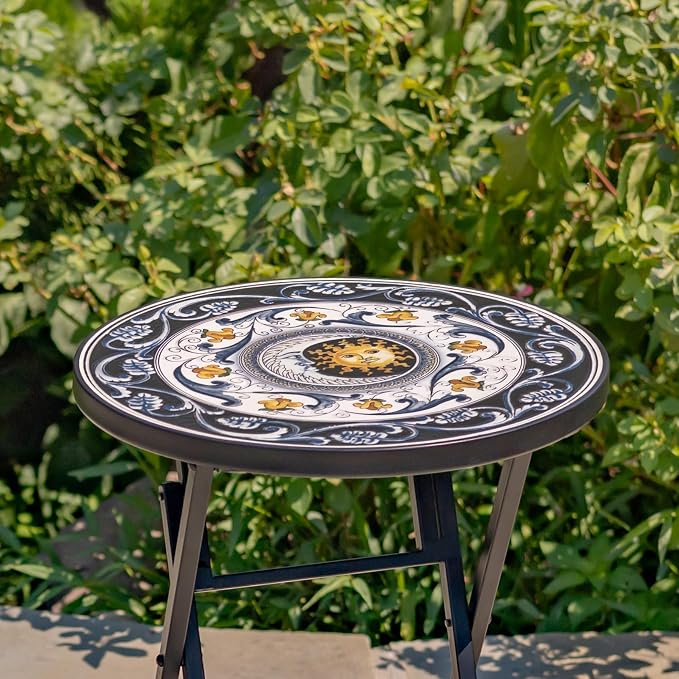 Mosaic Tile Furniture with Black Metal Frame and Patterned Tile Tops (Luna - Black/Blue/Yellow, Folding Accent Table)