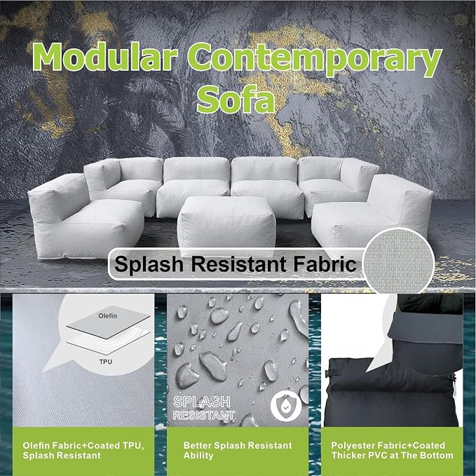 Dineli ANNYH CALALUNA 7Pc Patio Garden Furniture Sectional Conversation Set.Combines 4Middle, 2Corner, 1Ottoman/Coffee Outdoor Exp Foam Filled Chairs. A Unique Modular Contemporary Sofa (Cloud Gray)