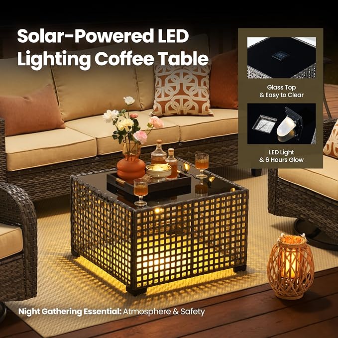 8 Piece Wicker Patio Furniture Set with Solar Table, Beige | Outdoor Deep Seating Sofa Chair Ottoman, Solar Lights Table, All Weather Rattan, Modern Conversation Set, Porch Deck Backyard