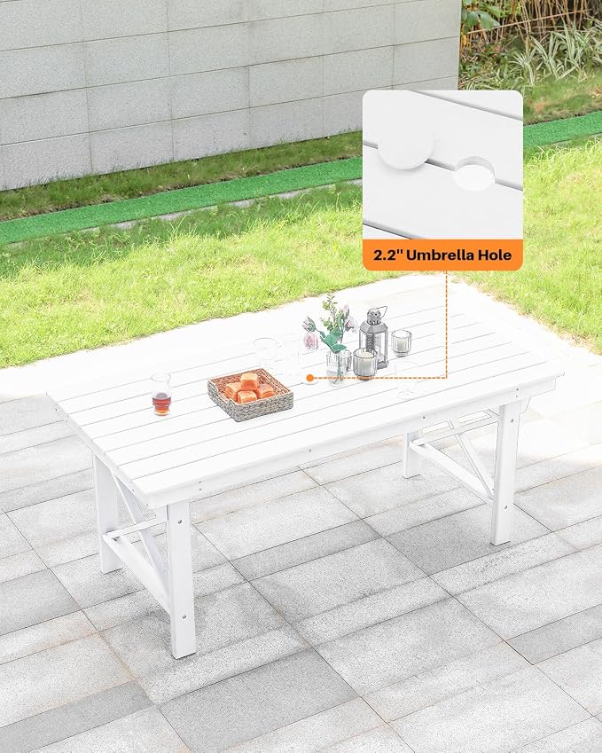 HDPE Outdoor Dining Table, 66.9” Rectangle Patio Dining Table for 6, All-Weather HDPE Outdoor Table with 2.2” Umbrella Hole, HDPE Patio Furniture for Deck, Backyard, Garden, Pool, Pearl