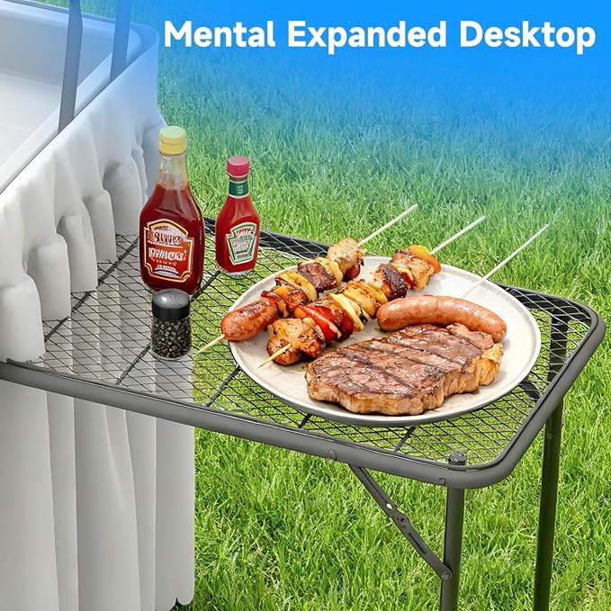 Ice Cooler Folding Table with Metal Side Desktop, Double-Layer Party Chilling Table with Drain and Detachable White Skirt to Keep Drinks Cool, Ice Bar for Weddings, Outdoor, Picnics，Pool