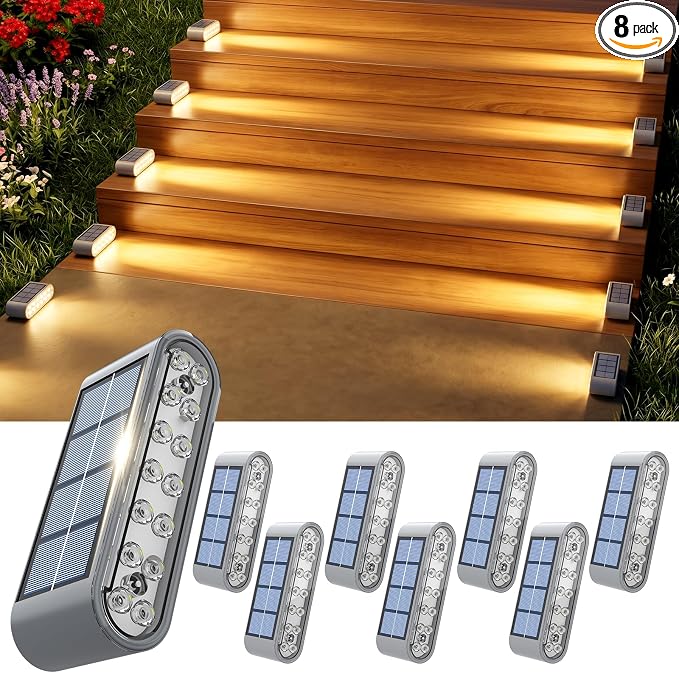 Solar Step Lights Outdoor Waterproof, 8 Pack Solar Stair Lights Outdoor IP67, 14 LED Warm 3000K Outdoor Step Lights, Solar Powered Lighting for Steps, Stairs, Deck, Dock, Patio, Walkway, Porch Step