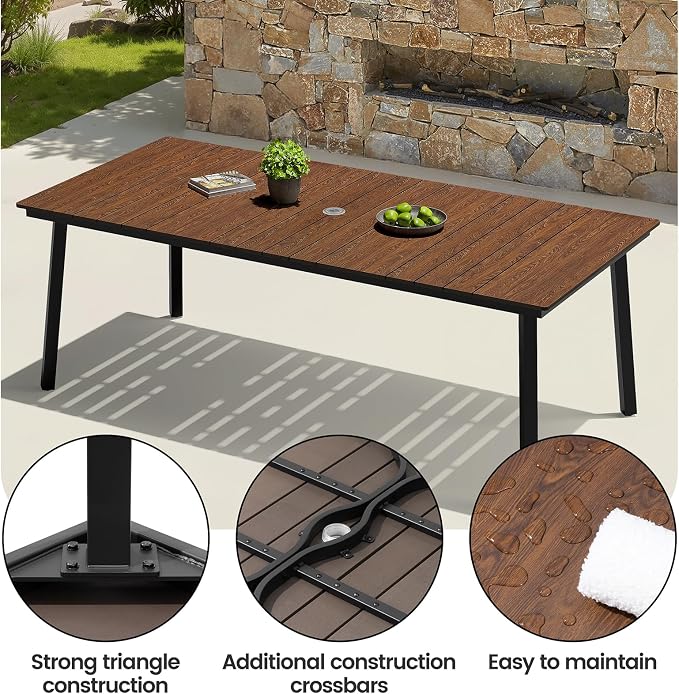 Crestlive Products Outdoor Dining Table for 6, 70' Rectangular Patio Table with Metal Frame 1.6" Umbrella Hole for Backyard Balcony Garden, Walnut