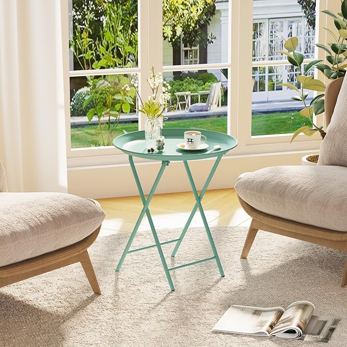 Garden 4 you Folding TV Tray Table, Metal Round Side Table, Green Dinner Table with Metal Frame, Modern Outdoor Tray Table for Living Room, Bedroom, Patio & Small Spaces, 2 Packs