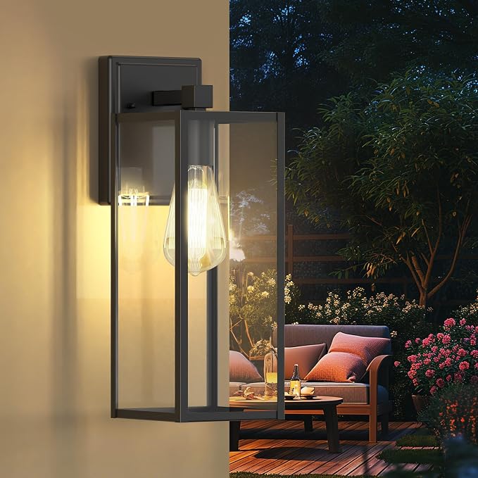 WIHTU 16in Outdoor Light Fixture Wall Mount, Exterior Porch fixtures 1 Pack | Waterproof, Anti-Rust Metal Frame, Tempered Glass, E26 Base, Easy Install, Wall Sconce for Patio, Garage, Entryway, Doorway