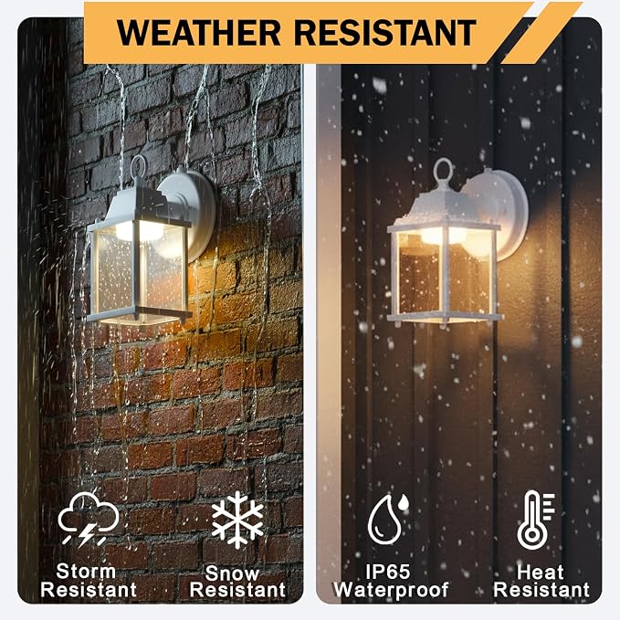 Outdoor Wall Light Fixture Dusk to Dawn, Rustproof Aluminum, LED | Exterior Porch Light Wall Sconce Lantern for House, Patio, Garage, Waterproof, Glass, 9.5W 800 Lumen, 3000K, White, 1 Pack