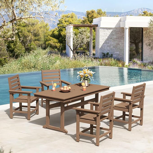 5 Piece Patio Dining Set, 66" Rectangle HDPS Weather Resistant Outdoor Table & 4 Patio Chairs Set with 1.96" Umbrella Hole, Heavy Duty Chairs for Backyard Balcony Deck, Brown